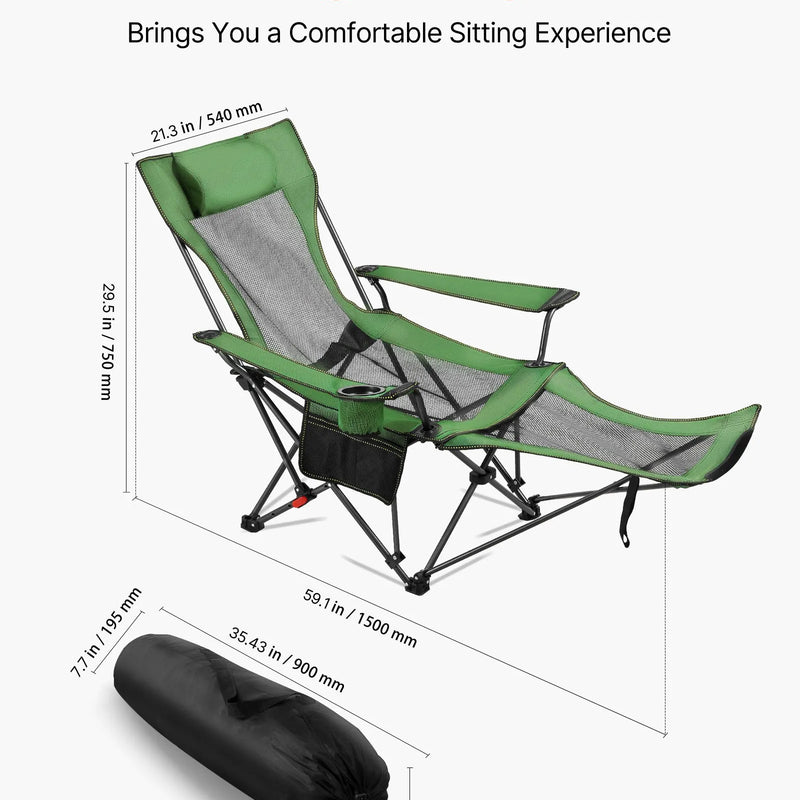 VEVOR Regulējams kempinga krēsls ar atzveltni, 4 pozīcijas, salokāms atpūtas krēsls pieaugušajiem, pludmales krēsls ar sieta audumu, galvas balstu un kāju balstu, maksimālā slodze 100 kg, zaļš