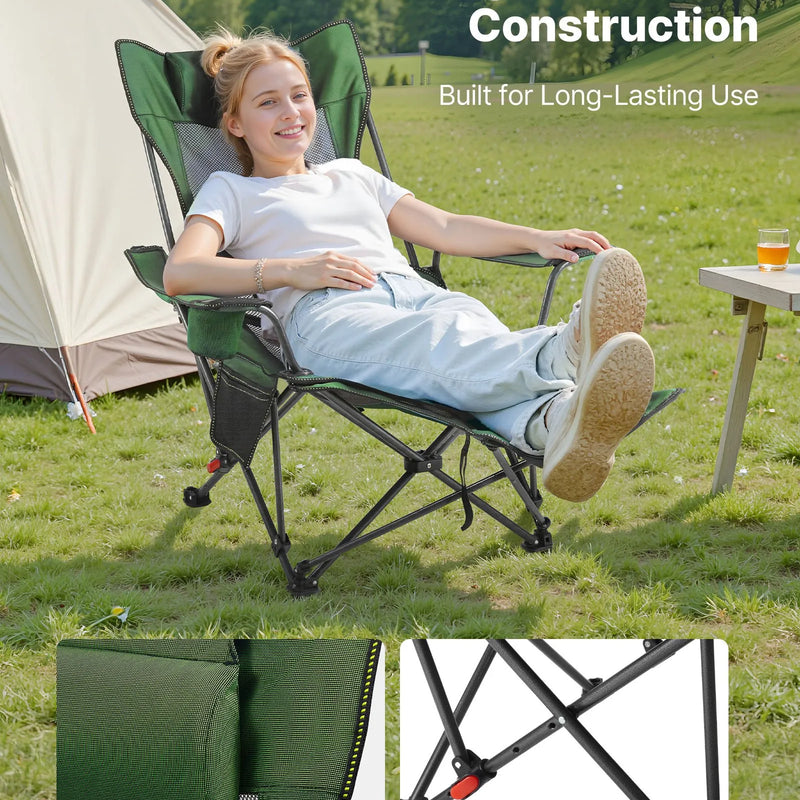 VEVOR Regulējams kempinga krēsls ar atzveltni, 4 pozīcijas, salokāms atpūtas krēsls pieaugušajiem, pludmales krēsls ar sieta audumu, galvas balstu un kāju balstu, maksimālā slodze 100 kg, zaļš