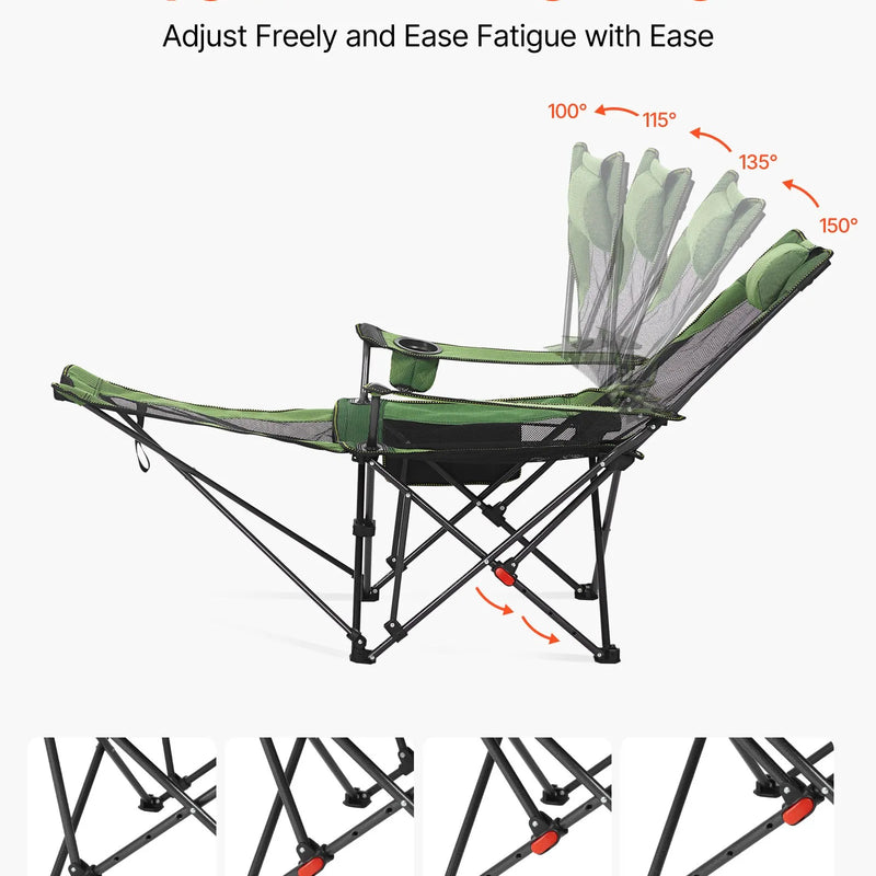 VEVOR Regulējams kempinga krēsls ar atzveltni, 4 pozīcijas, salokāms atpūtas krēsls pieaugušajiem, pludmales krēsls ar sieta audumu, galvas balstu un kāju balstu, maksimālā slodze 100 kg, zaļš