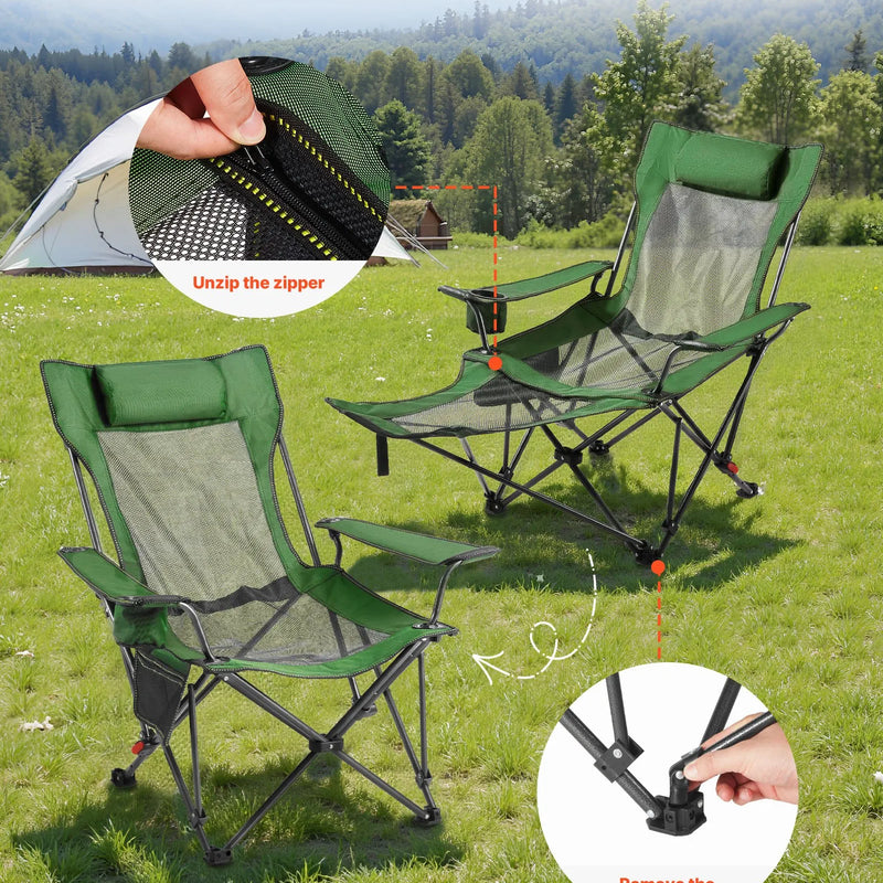 VEVOR Regulējams kempinga krēsls ar atzveltni, 4 pozīcijas, salokāms atpūtas krēsls pieaugušajiem, pludmales krēsls ar sieta audumu, galvas balstu un kāju balstu, maksimālā slodze 100 kg, zaļš