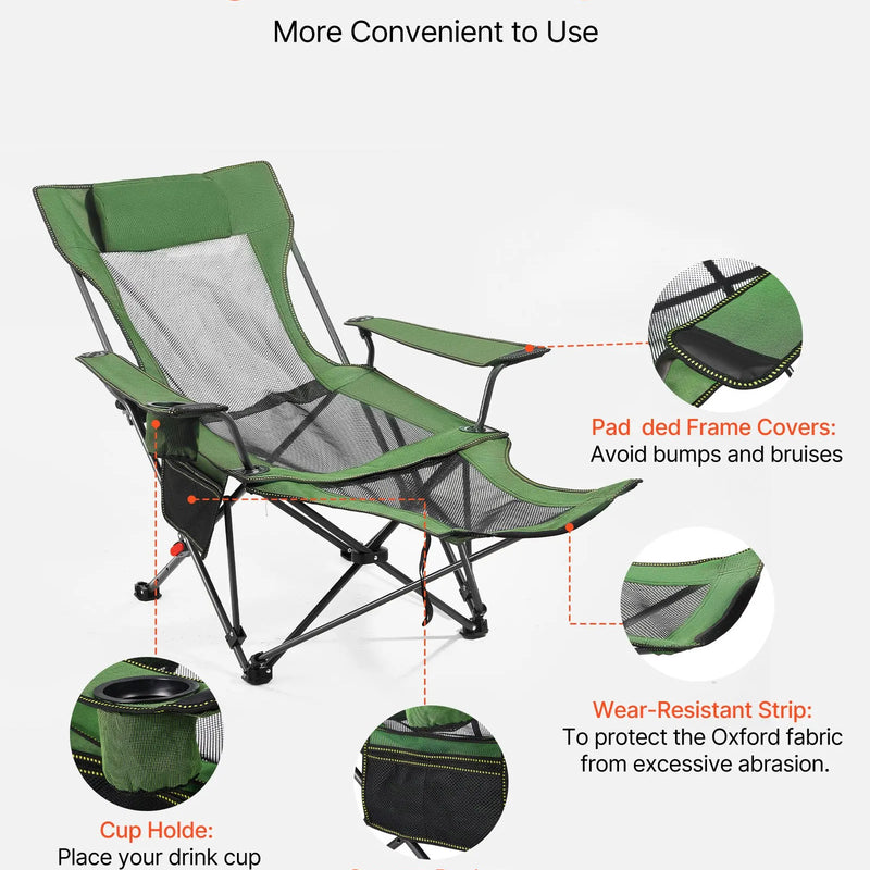 VEVOR Regulējams kempinga krēsls ar atzveltni, 4 pozīcijas, salokāms atpūtas krēsls pieaugušajiem, pludmales krēsls ar sieta audumu, galvas balstu un kāju balstu, maksimālā slodze 100 kg, zaļš