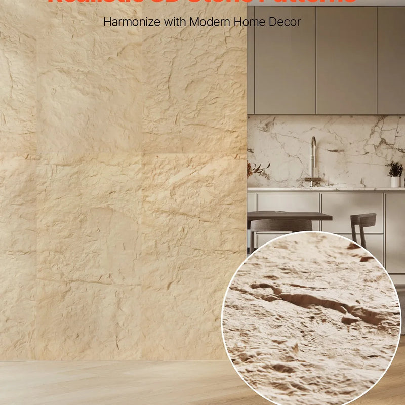 VEVOR 3D sienas paneļi, 4 gab., PU dabīgā akmens imitācijas dizains, 1200 × 600 mm, kopējais pārklājums 2,97 m², akcenta sienas dekors interjeram griestiem, guļamistabai, viesistabai un spēļu telpai, akmens dzeltenā krāsā