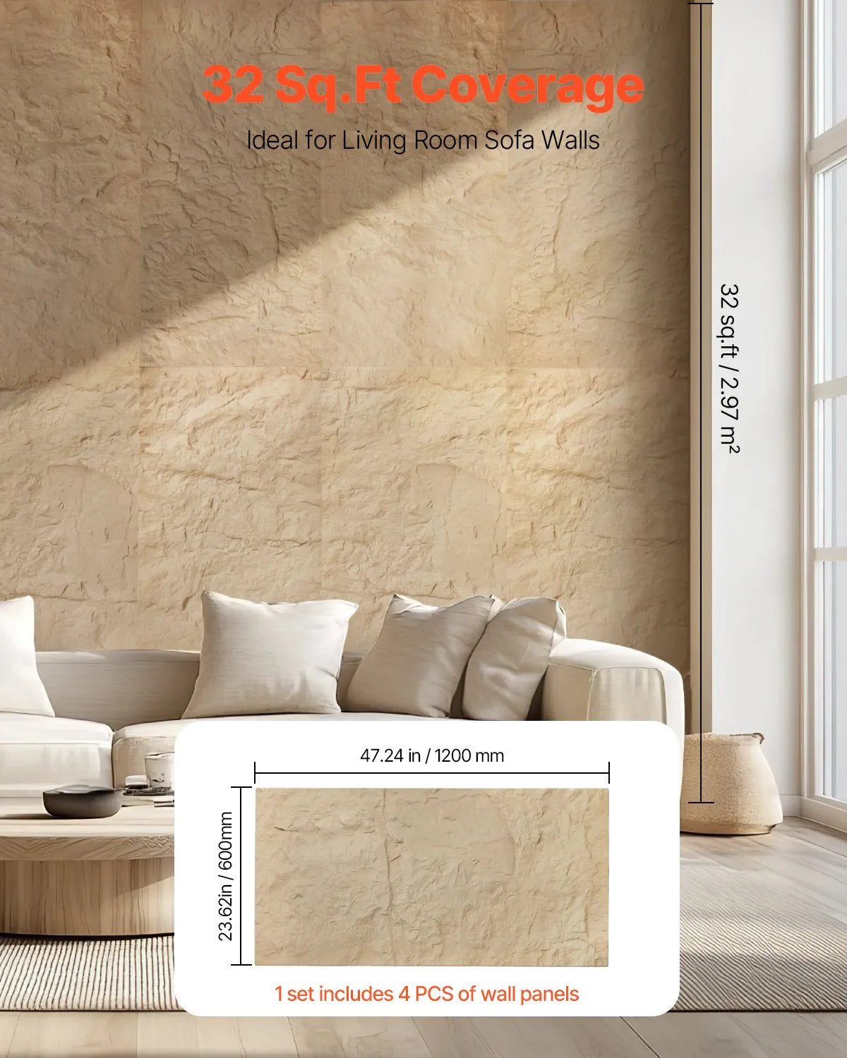 VEVOR 3D Wall Panels, 4 Pieces, PU Natural Stone Imitation Design, 1200 × 600 mm, Total Coverage 2.97 m², Accent Wall Décor for Interior Ceilings, Bedroom, Living Room and Game Room, Stone Yellow
