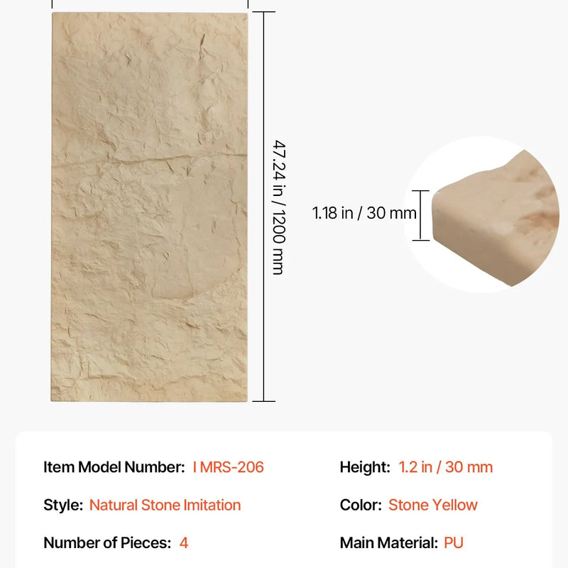 VEVOR 3D sienas paneļi, 4 gab., PU dabīgā akmens imitācijas dizains, 1200 × 600 mm, kopējais pārklājums 2,97 m², akcenta sienas dekors interjeram griestiem, guļamistabai, viesistabai un spēļu telpai, akmens dzeltenā krāsā