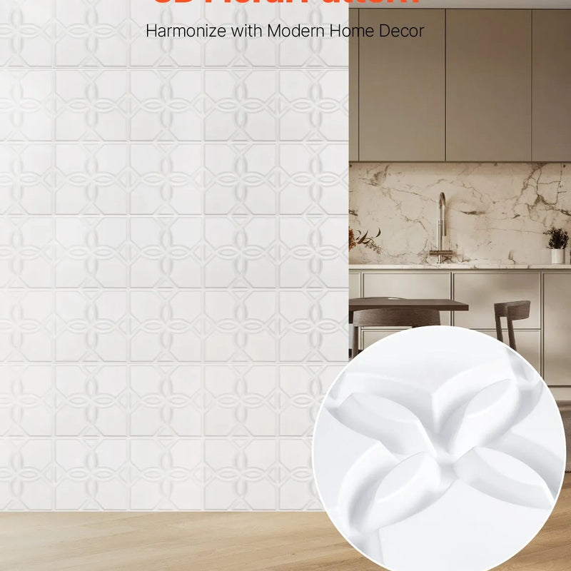 VEVOR 3D sienas paneļi, 33 gab., PVC minimālisma ziedu dizaina flīzes, 300 × 300 mm, kopējais pārklājums 3,0 m², akcenta sienas dekors interjeram griestiem, guļamistabai, viesistabai un spēļu telpai, matēti baltā krāsā