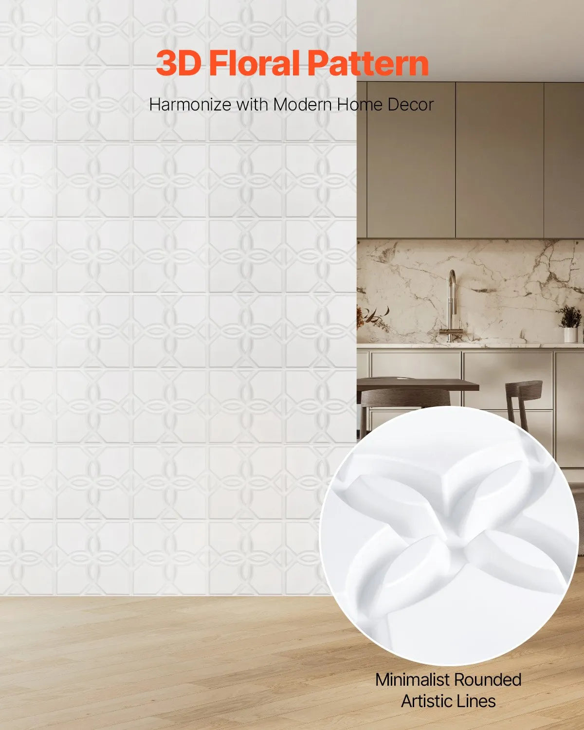 VEVOR 3D Wall Panels, 33 Pieces, PVC Minimalist Floral Design Tiles, 300 × 300 mm, Total Coverage 3.0 m², Accent Wall Décor for Interior Ceilings, Bedroom, Living Room and Game Room, Matte White