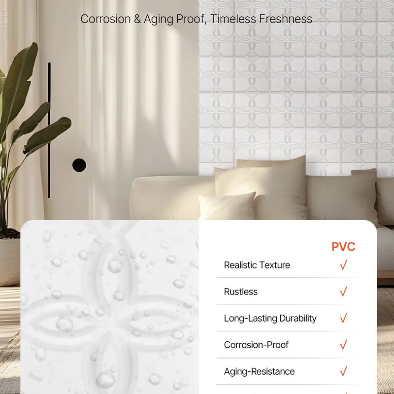 VEVOR 3D sienas paneļi, 33 gab., PVC minimālisma ziedu dizaina flīzes, 300 × 300 mm, kopējais pārklājums 3,0 m², akcenta sienas dekors interjeram griestiem, guļamistabai, viesistabai un spēļu telpai, matēti baltā krāsā