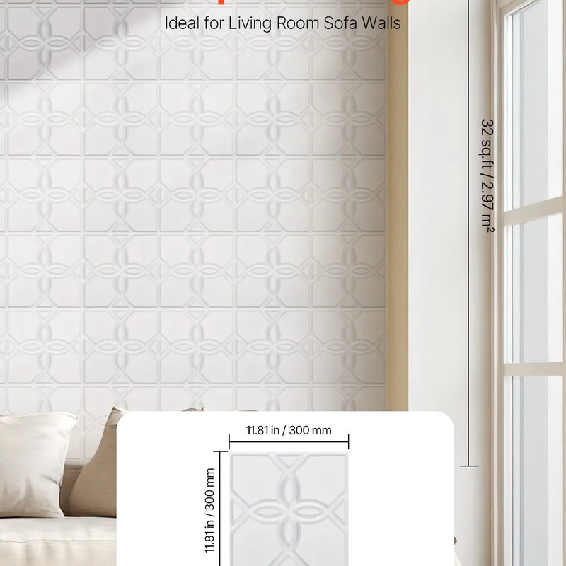 VEVOR 3D sienas paneļi, 33 gab., PVC minimālisma ziedu dizaina flīzes, 300 × 300 mm, kopējais pārklājums 3,0 m², akcenta sienas dekors interjeram griestiem, guļamistabai, viesistabai un spēļu telpai, matēti baltā krāsā