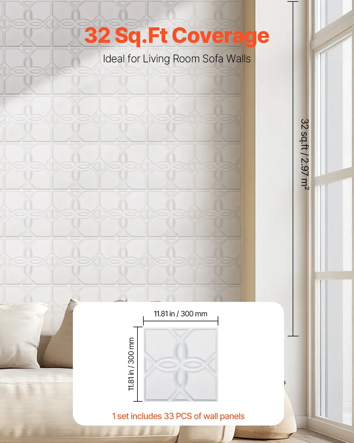 VEVOR 3D Wall Panels, 33 Pieces, PVC Minimalist Floral Design Tiles, 300 × 300 mm, Total Coverage 3.0 m², Accent Wall Décor for Interior Ceilings, Bedroom, Living Room and Game Room, Matte White