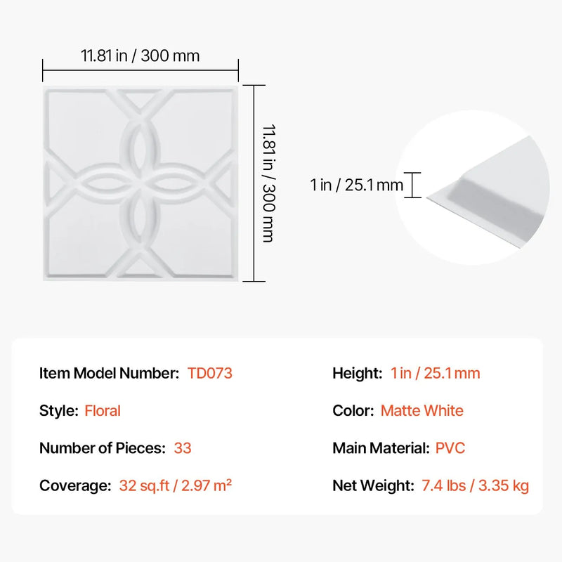 VEVOR 3D sienas paneļi, 33 gab., PVC minimālisma ziedu dizaina flīzes, 300 × 300 mm, kopējais pārklājums 3,0 m², akcenta sienas dekors interjeram griestiem, guļamistabai, viesistabai un spēļu telpai, matēti baltā krāsā