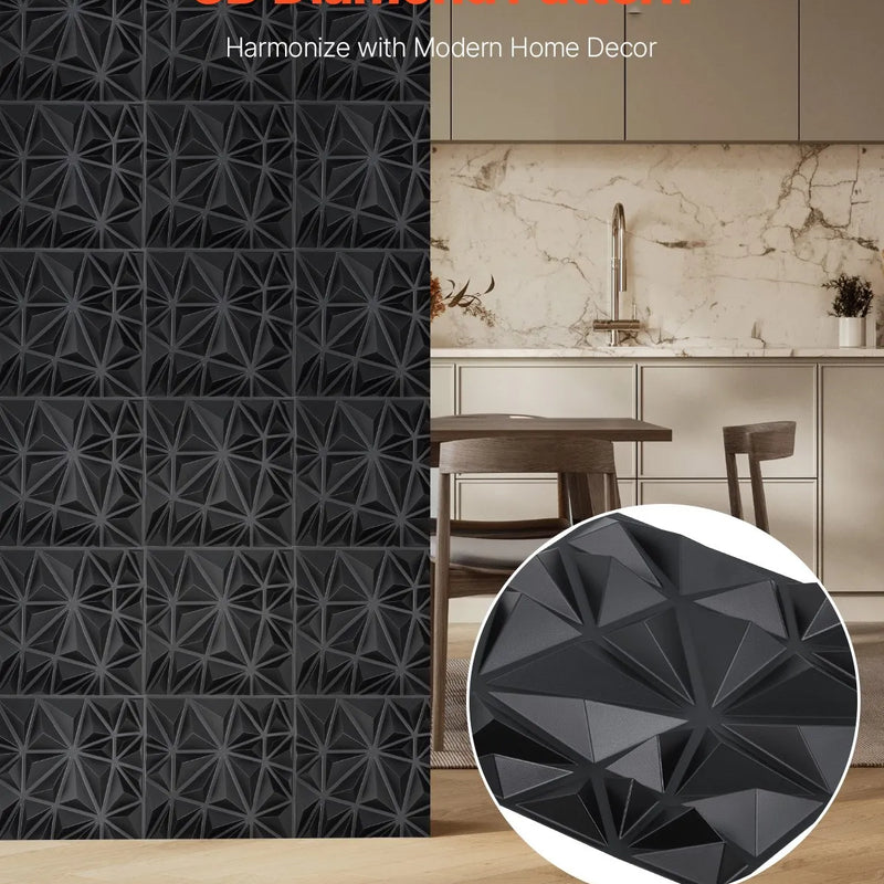 VEVOR 3D sienas paneļi, 33 gab., PVC minimālisma romba dizaina flīzes, 300 × 300 mm, kopējais pārklājums 3 m², akcenta sienas dekors interjeram griestiem, guļamistabai, viesistabai un spēļu telpai, matēti melnā krāsā