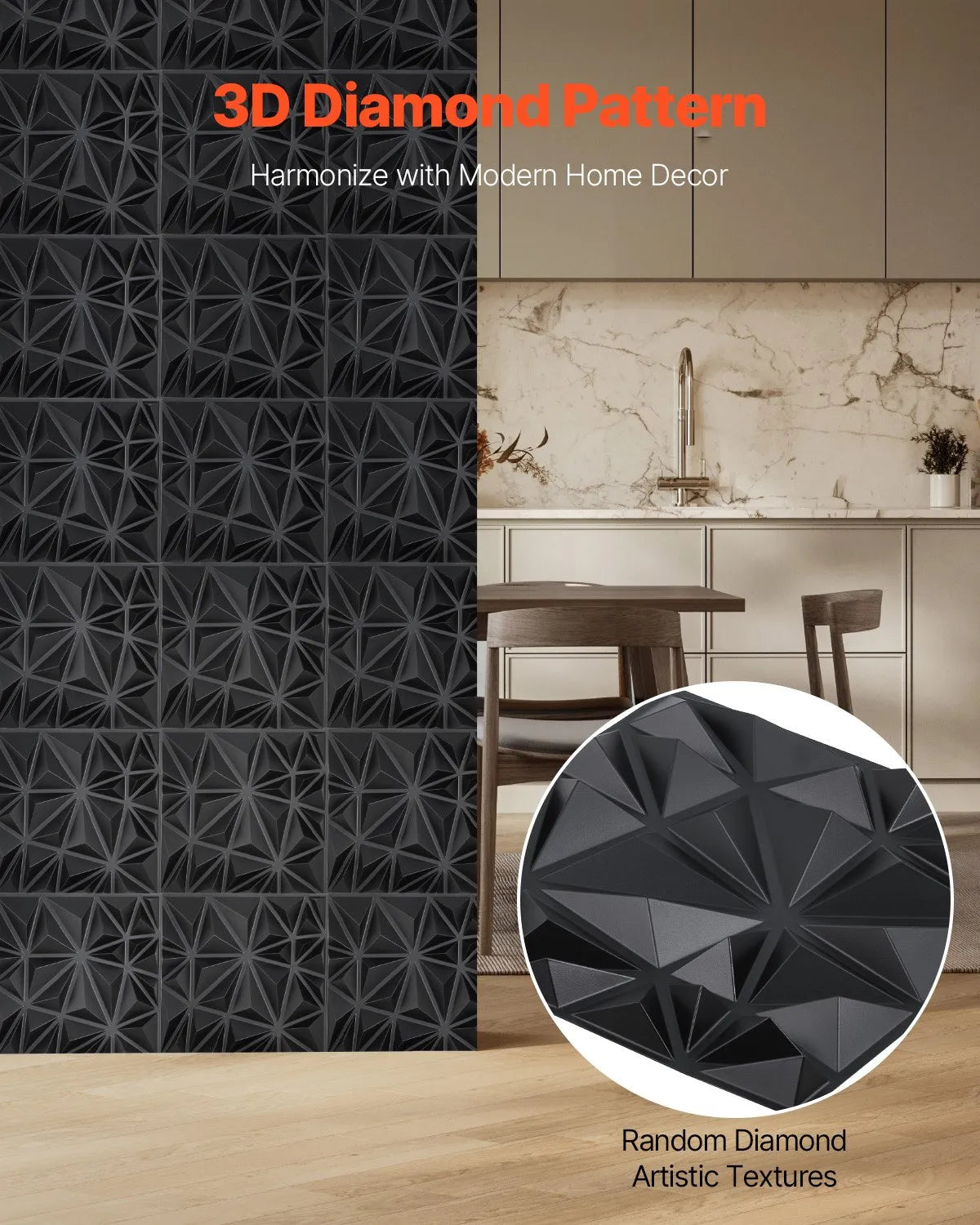 VEVOR 3D Wall Panels, 33 Pieces, PVC Minimalist Diamond Design Tiles, 300 × 300 mm, Total Coverage 3 m², Accent Wall Décor for Interior Ceilings, Bedroom, Living Room and Game Room, Matte Black