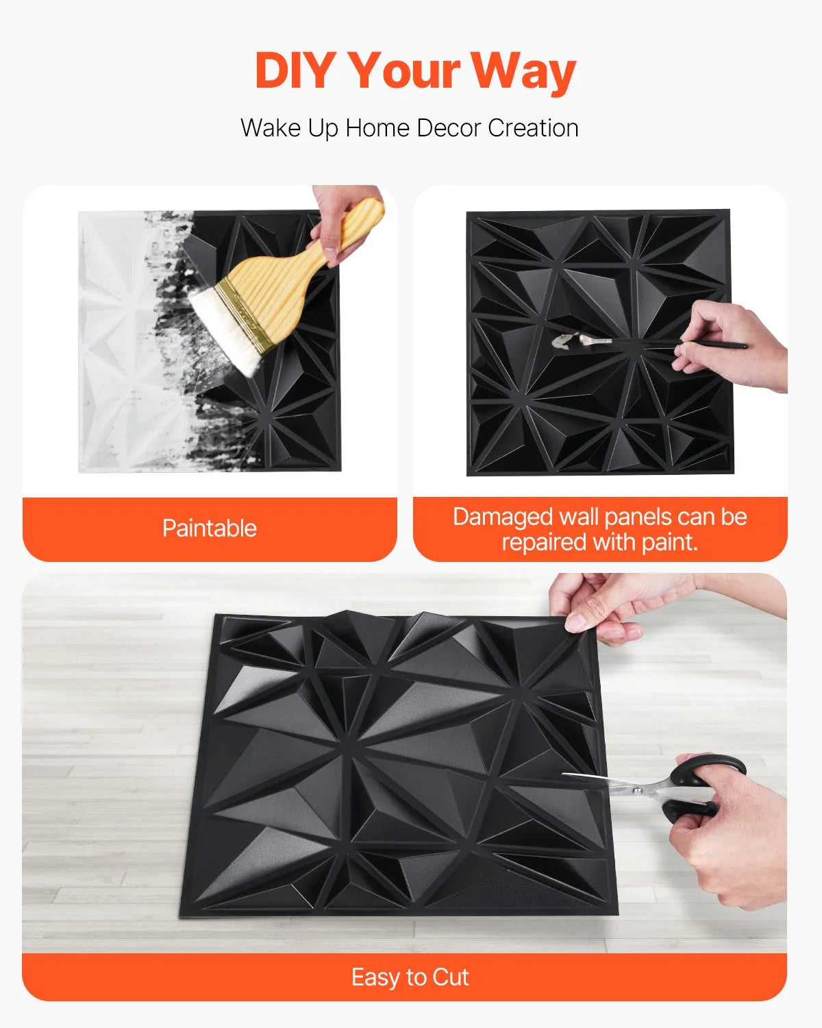 VEVOR 3D Wall Panels, 33 Pieces, PVC Minimalist Diamond Design Tiles, 300 × 300 mm, Total Coverage 3 m², Accent Wall Décor for Interior Ceilings, Bedroom, Living Room and Game Room, Matte Black