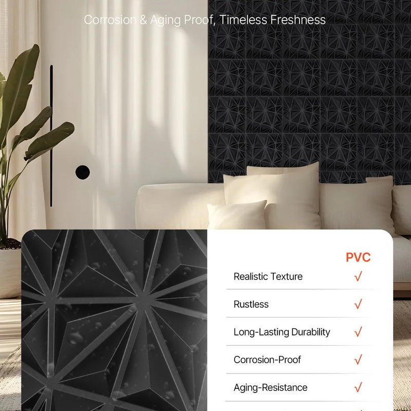 VEVOR 3D sienas paneļi, 33 gab., PVC minimālisma romba dizaina flīzes, 300 × 300 mm, kopējais pārklājums 3 m², akcenta sienas dekors interjeram griestiem, guļamistabai, viesistabai un spēļu telpai, matēti melnā krāsā