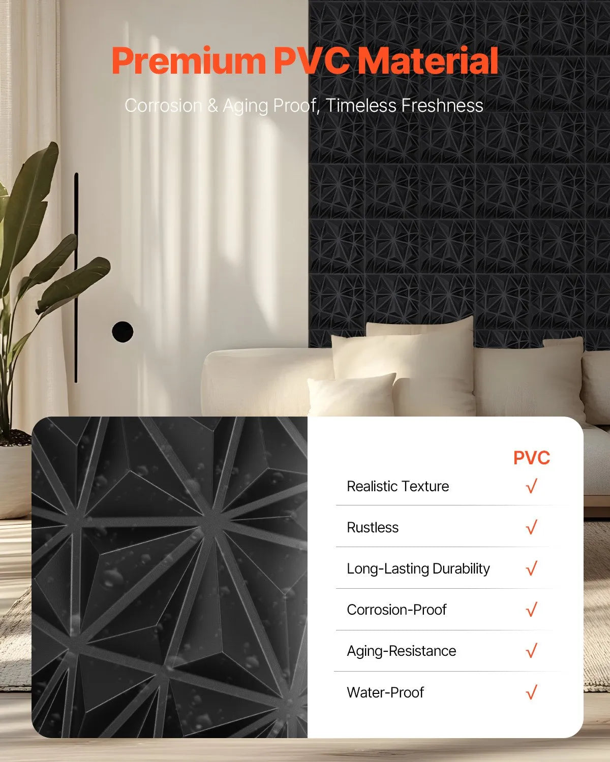 VEVOR 3D Wall Panels, 33 Pieces, PVC Minimalist Diamond Design Tiles, 300 × 300 mm, Total Coverage 3 m², Accent Wall Décor for Interior Ceilings, Bedroom, Living Room and Game Room, Matte Black