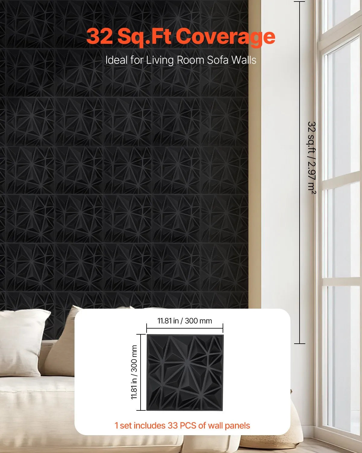 VEVOR 3D Wall Panels, 33 Pieces, PVC Minimalist Diamond Design Tiles, 300 × 300 mm, Total Coverage 3 m², Accent Wall Décor for Interior Ceilings, Bedroom, Living Room and Game Room, Matte Black
