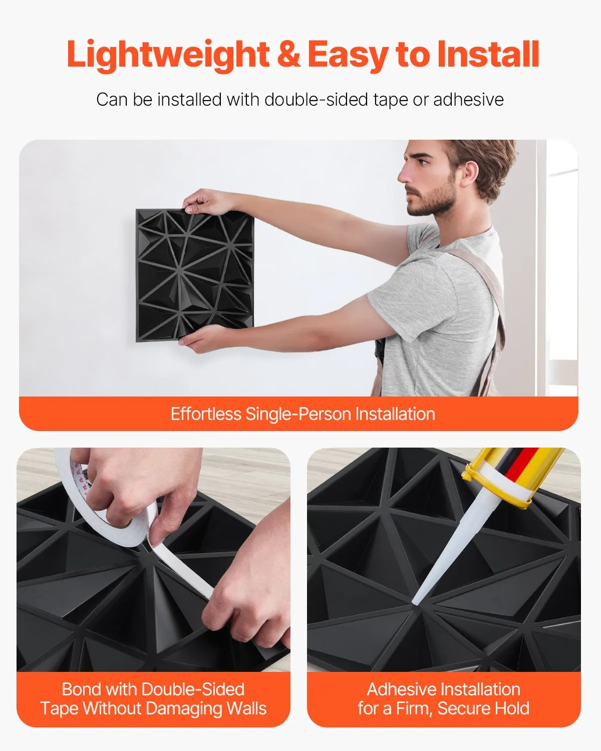 VEVOR 3D Wall Panels, 33 Pieces, PVC Minimalist Diamond Design Tiles, 300 × 300 mm, Total Coverage 3 m², Accent Wall Décor for Interior Ceilings, Bedroom, Living Room and Game Room, Matte Black