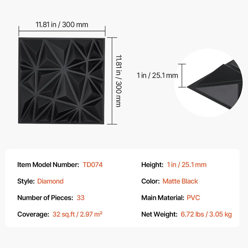 VEVOR 3D sienas paneļi, 33 gab., PVC minimālisma romba dizaina flīzes, 300 × 300 mm, kopējais pārklājums 3 m², akcenta sienas dekors interjeram griestiem, guļamistabai, viesistabai un spēļu telpai, matēti melnā krāsā