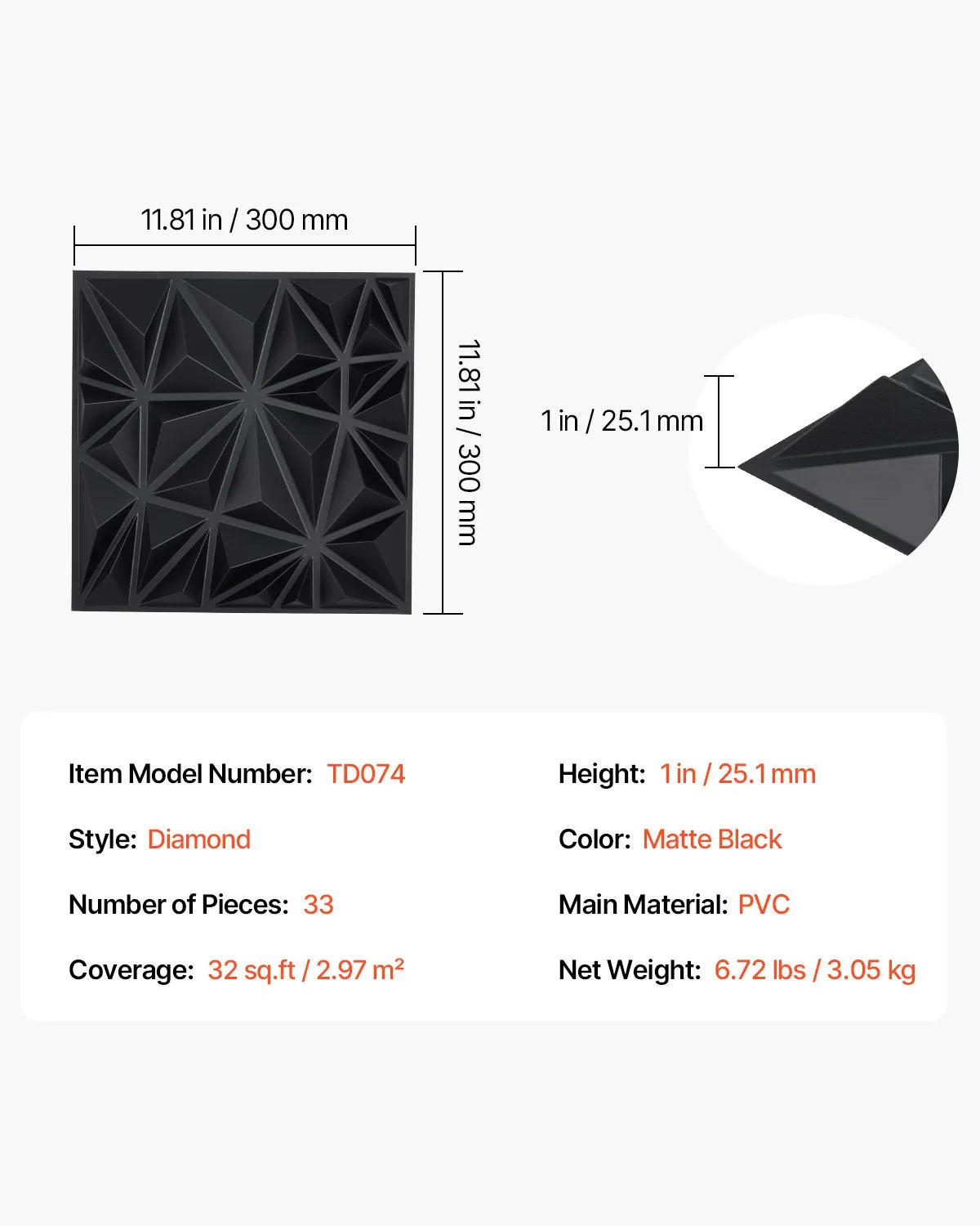 VEVOR 3D Wall Panels, 33 Pieces, PVC Minimalist Diamond Design Tiles, 300 × 300 mm, Total Coverage 3 m², Accent Wall Décor for Interior Ceilings, Bedroom, Living Room and Game Room, Matte Black