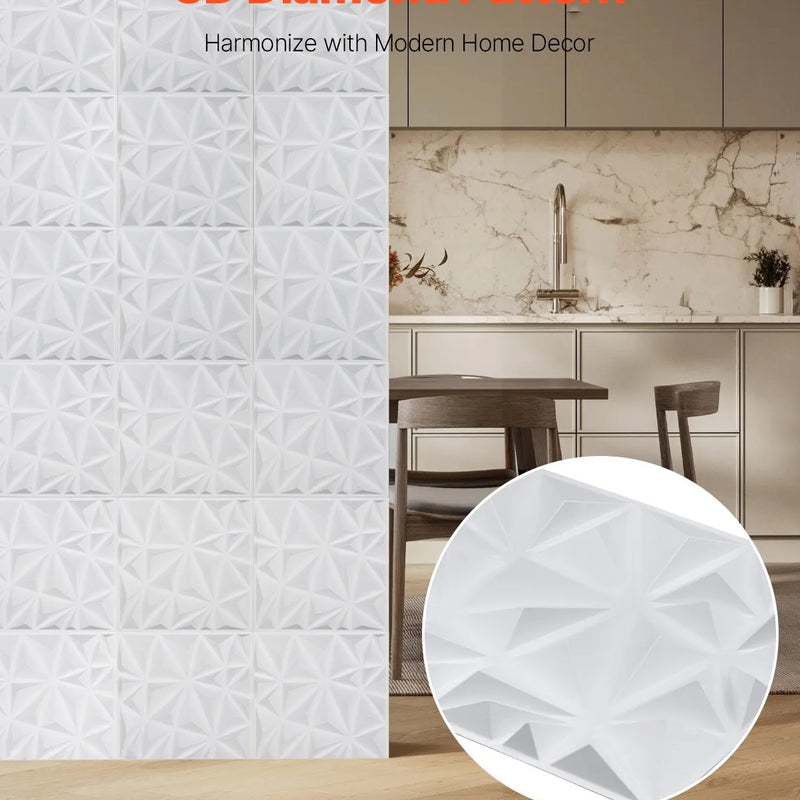 VEVOR 3D sienas paneļi, 33 gab., 300 × 300 mm PVC moderni mākslinieciskie minimālisma romba flīžu paneļi, kopējais pārklājums 3 m², akcenta sienas paneļi interjera dekoram griestiem, guļamistabai, viesistabai un spēļu istabai, matēti baltā krāsā