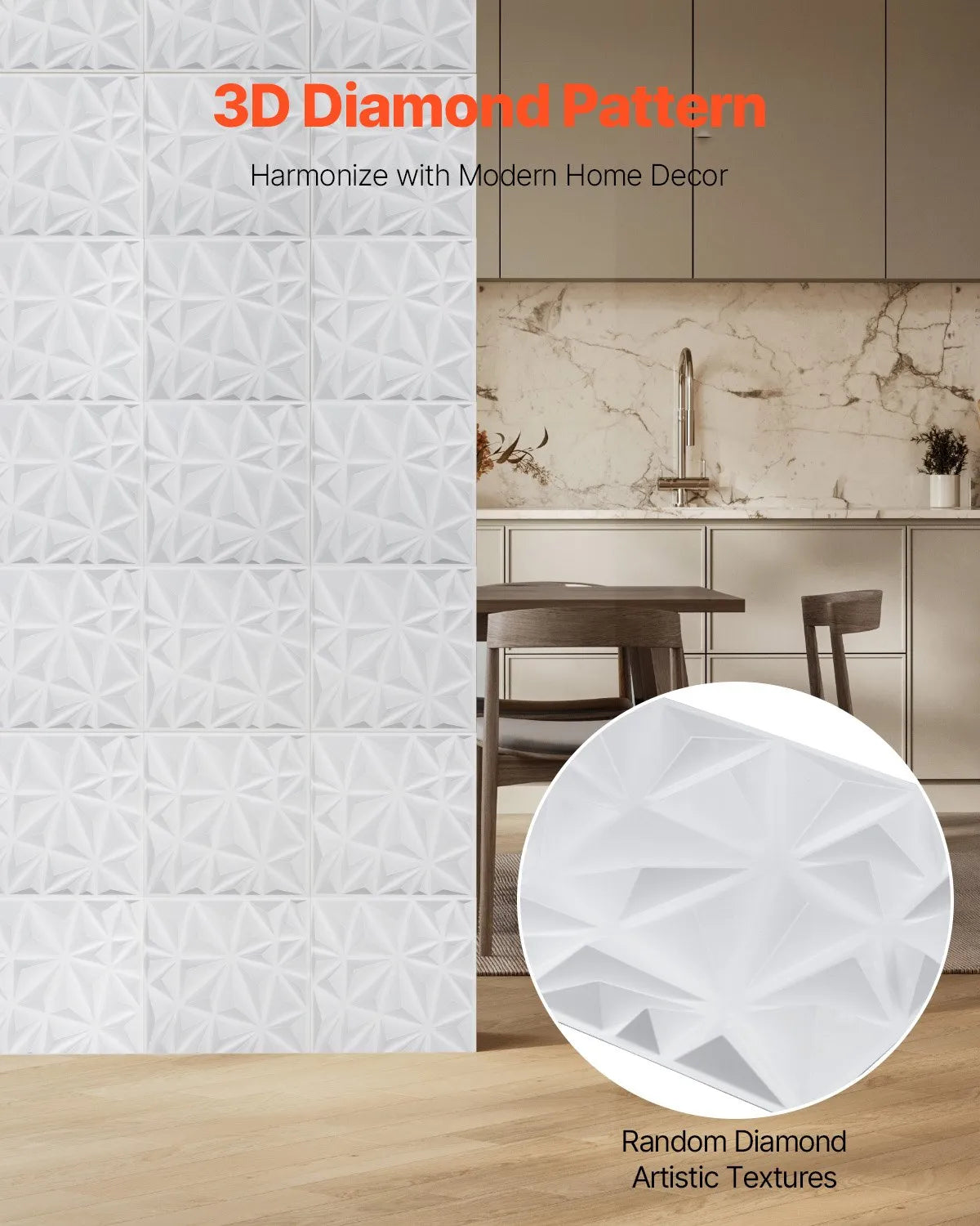 VEVOR 3D Wall Panels, 33 pcs, 300 × 300 mm PVC Modern Artistic Minimalist Diamond Tile Panels, Total Coverage 3 m², Accent Wall Panels for Interior Décor Ceilings, Bedroom, Living Room and Game Room, Matte White