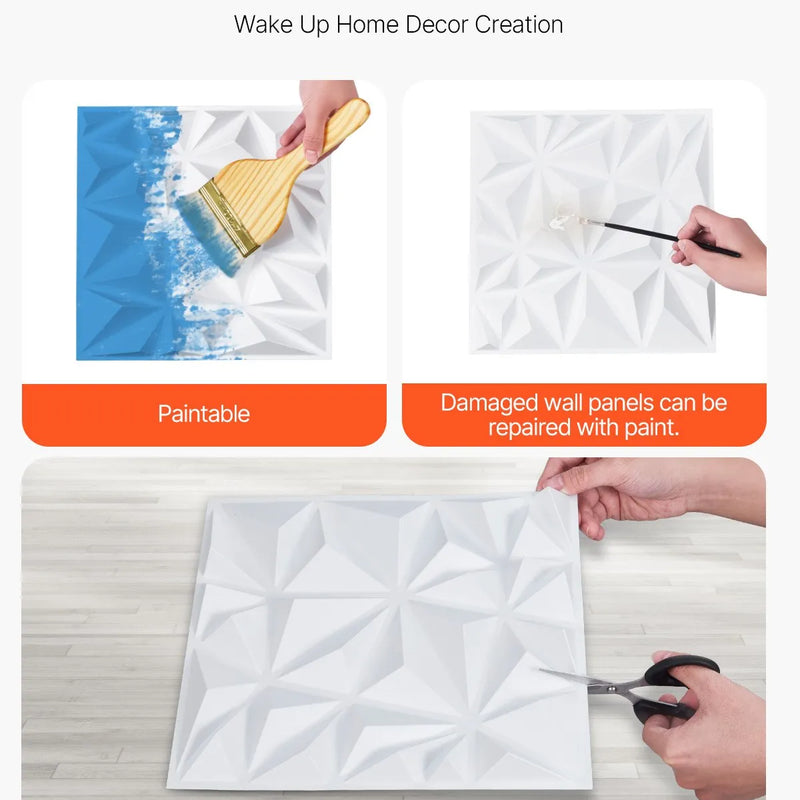 VEVOR 3D sienas paneļi, 33 gab., 300 × 300 mm PVC moderni mākslinieciskie minimālisma romba flīžu paneļi, kopējais pārklājums 3 m², akcenta sienas paneļi interjera dekoram griestiem, guļamistabai, viesistabai un spēļu istabai, matēti baltā krāsā