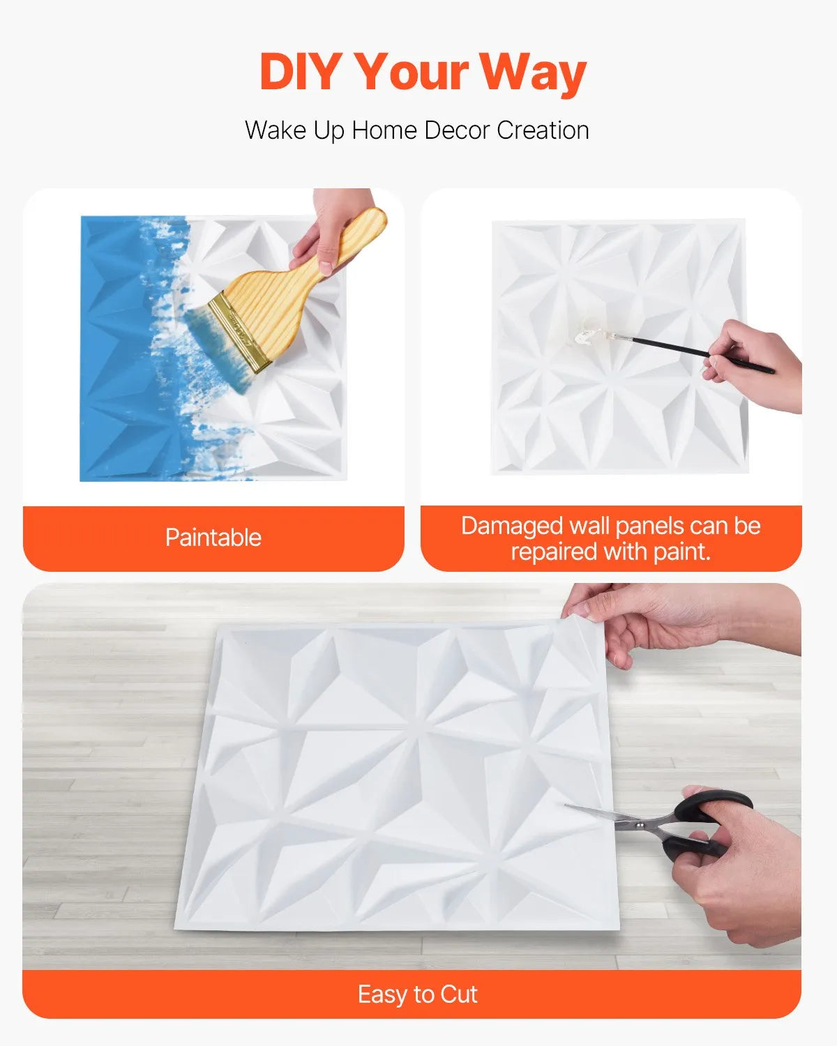 VEVOR 3D Wall Panels, 33 pcs, 300 × 300 mm PVC Modern Artistic Minimalist Diamond Tile Panels, Total Coverage 3 m², Accent Wall Panels for Interior Décor Ceilings, Bedroom, Living Room and Game Room, Matte White