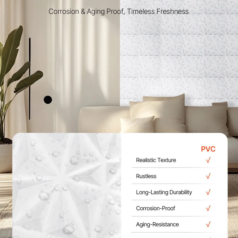 VEVOR 3D sienas paneļi, 33 gab., 300 × 300 mm PVC moderni mākslinieciskie minimālisma romba flīžu paneļi, kopējais pārklājums 3 m², akcenta sienas paneļi interjera dekoram griestiem, guļamistabai, viesistabai un spēļu istabai, matēti baltā krāsā