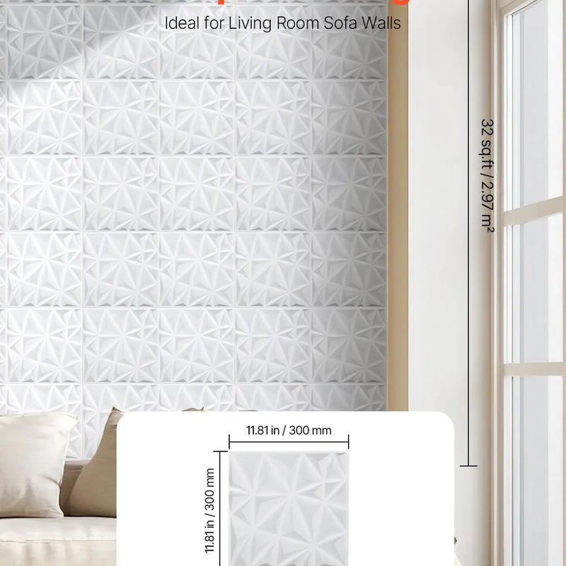 VEVOR 3D sienas paneļi, 33 gab., 300 × 300 mm PVC moderni mākslinieciskie minimālisma romba flīžu paneļi, kopējais pārklājums 3 m², akcenta sienas paneļi interjera dekoram griestiem, guļamistabai, viesistabai un spēļu istabai, matēti baltā krāsā