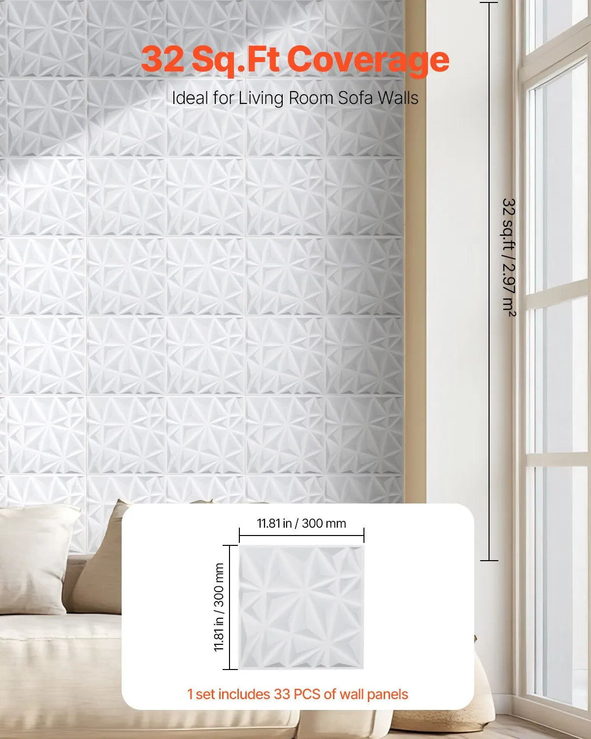 VEVOR 3D Wall Panels, 33 pcs, 300 × 300 mm PVC Modern Artistic Minimalist Diamond Tile Panels, Total Coverage 3 m², Accent Wall Panels for Interior Décor Ceilings, Bedroom, Living Room and Game Room, Matte White