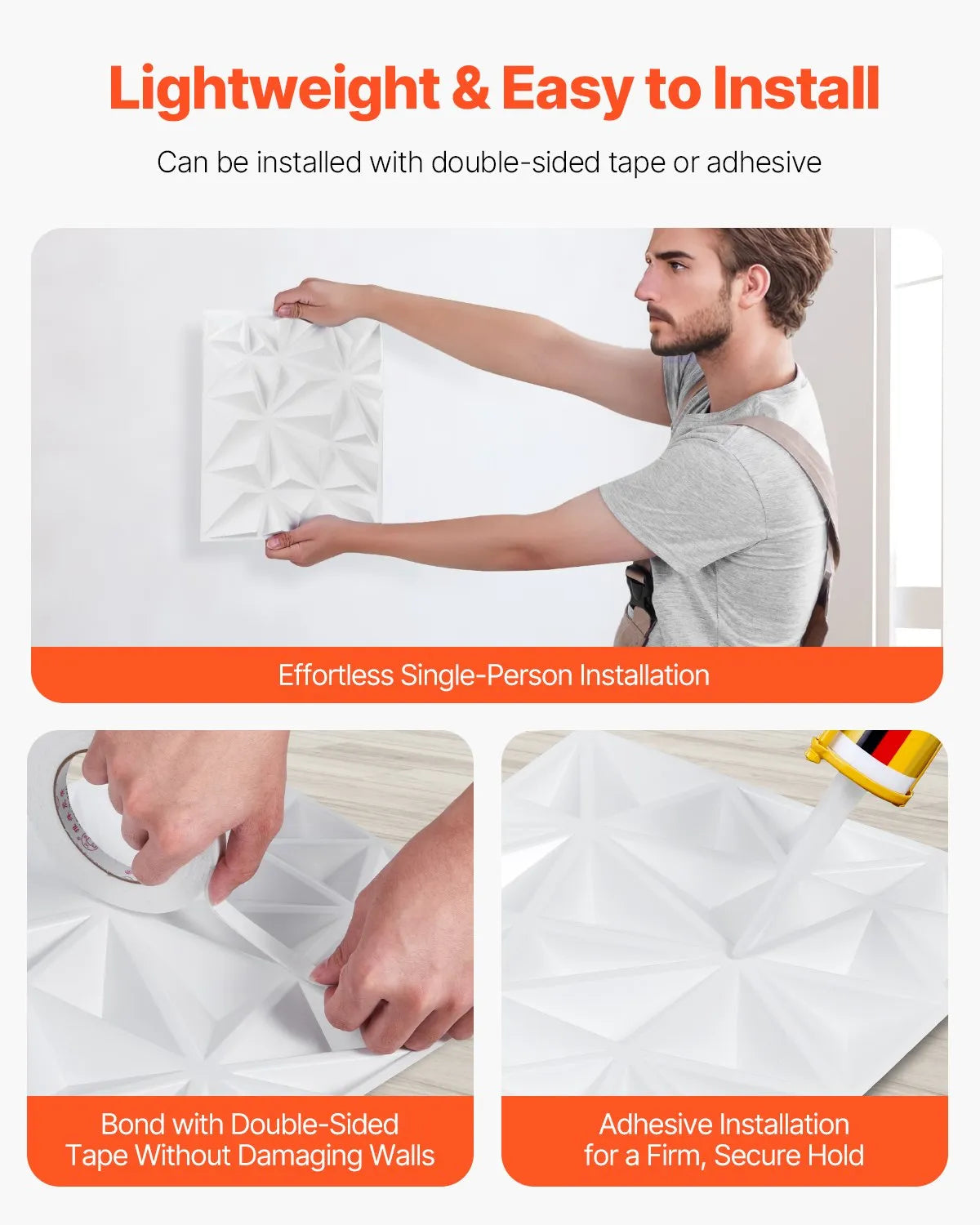 VEVOR 3D Wall Panels, 33 pcs, 300 × 300 mm PVC Modern Artistic Minimalist Diamond Tile Panels, Total Coverage 3 m², Accent Wall Panels for Interior Décor Ceilings, Bedroom, Living Room and Game Room, Matte White