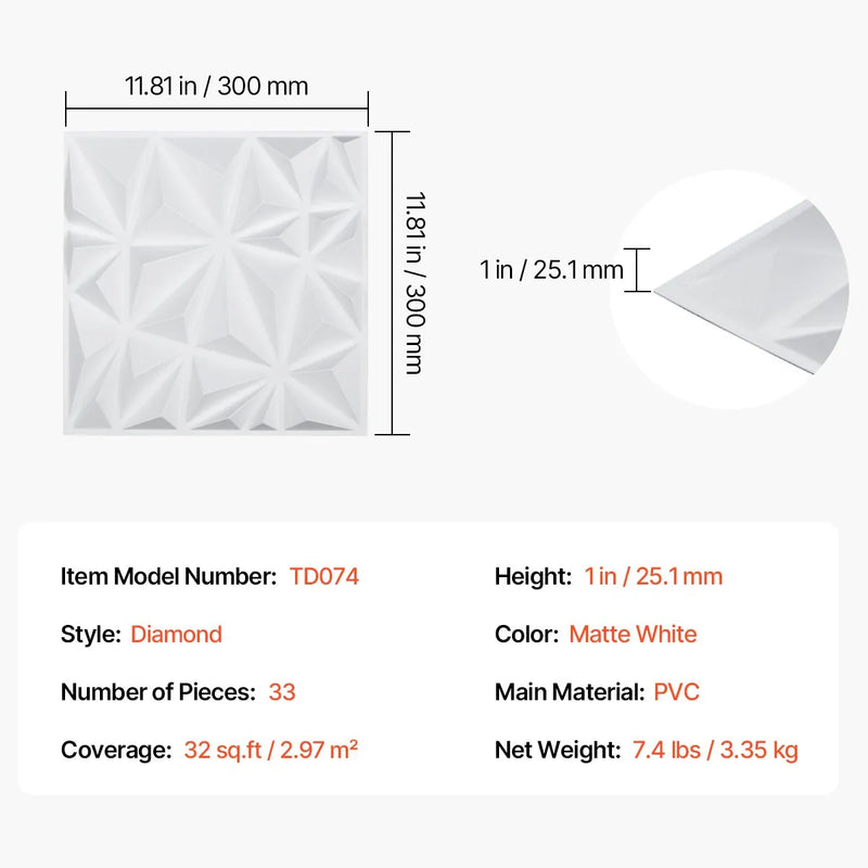 VEVOR 3D sienas paneļi, 33 gab., 300 × 300 mm PVC moderni mākslinieciskie minimālisma romba flīžu paneļi, kopējais pārklājums 3 m², akcenta sienas paneļi interjera dekoram griestiem, guļamistabai, viesistabai un spēļu istabai, matēti baltā krāsā