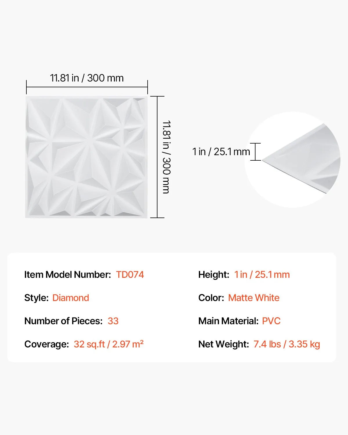 VEVOR 3D Wall Panels, 33 pcs, 300 × 300 mm PVC Modern Artistic Minimalist Diamond Tile Panels, Total Coverage 3 m², Accent Wall Panels for Interior Décor Ceilings, Bedroom, Living Room and Game Room, Matte White