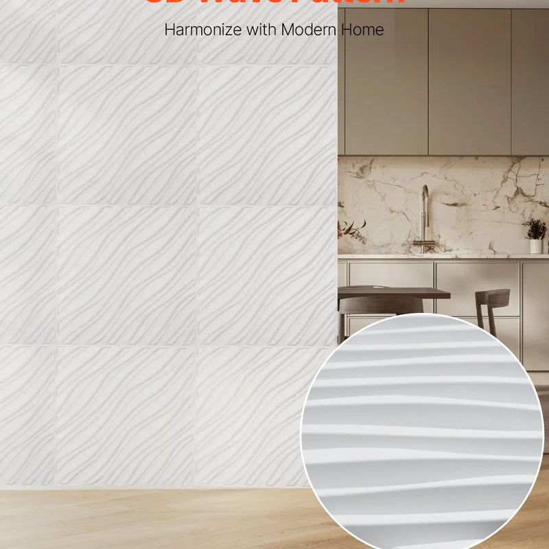 VEVOR 3D sienas paneļi, 12 gab., PVC minimālisma viļņu dizaina flīzes, 500 × 500 mm, kopējais pārklājums 3,0 m², akcenta sienas dekors interjeram griestiem, guļamistabai, viesistabai un spēļu telpai, matēti baltā krāsā