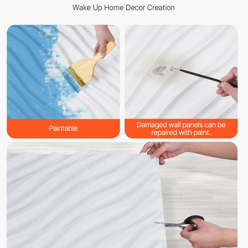 VEVOR 3D sienas paneļi, 12 gab., PVC minimālisma viļņu dizaina flīzes, 500 × 500 mm, kopējais pārklājums 3,0 m², akcenta sienas dekors interjeram griestiem, guļamistabai, viesistabai un spēļu telpai, matēti baltā krāsā