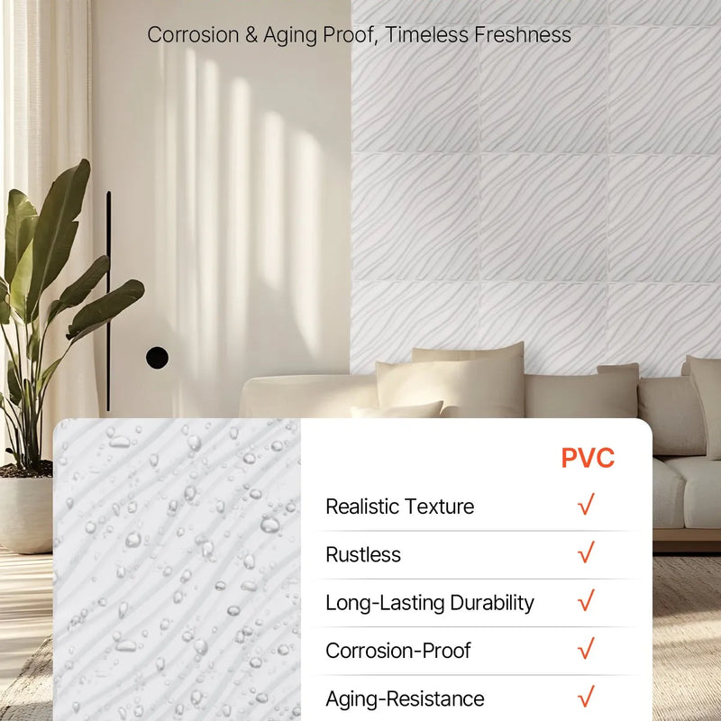 VEVOR 3D sienas paneļi, 12 gab., PVC minimālisma viļņu dizaina flīzes, 500 × 500 mm, kopējais pārklājums 3,0 m², akcenta sienas dekors interjeram griestiem, guļamistabai, viesistabai un spēļu telpai, matēti baltā krāsā