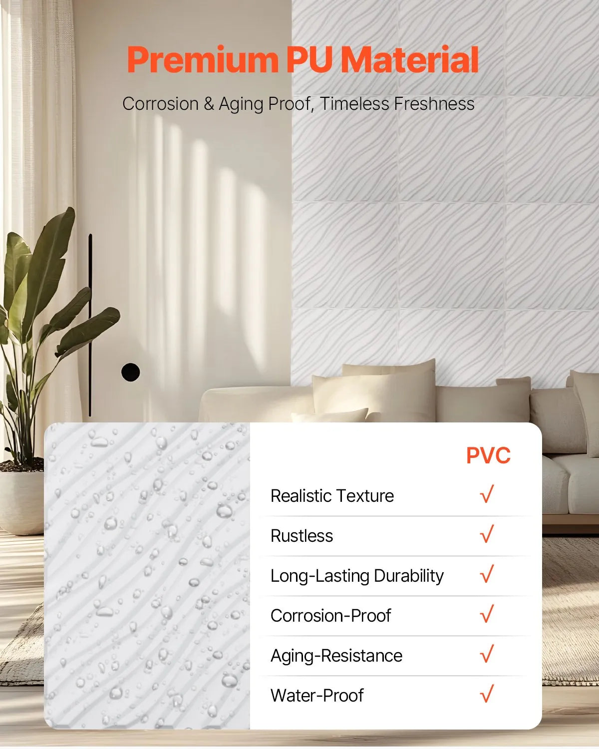 VEVOR 3D Wall Panels, 12 Pieces, PVC Minimalist Wave Design Tiles, 500 × 500 mm, Total Coverage 3.0 m², Accent Wall Décor for Interior Ceilings, Bedroom, Living Room and Game Room, Matte White