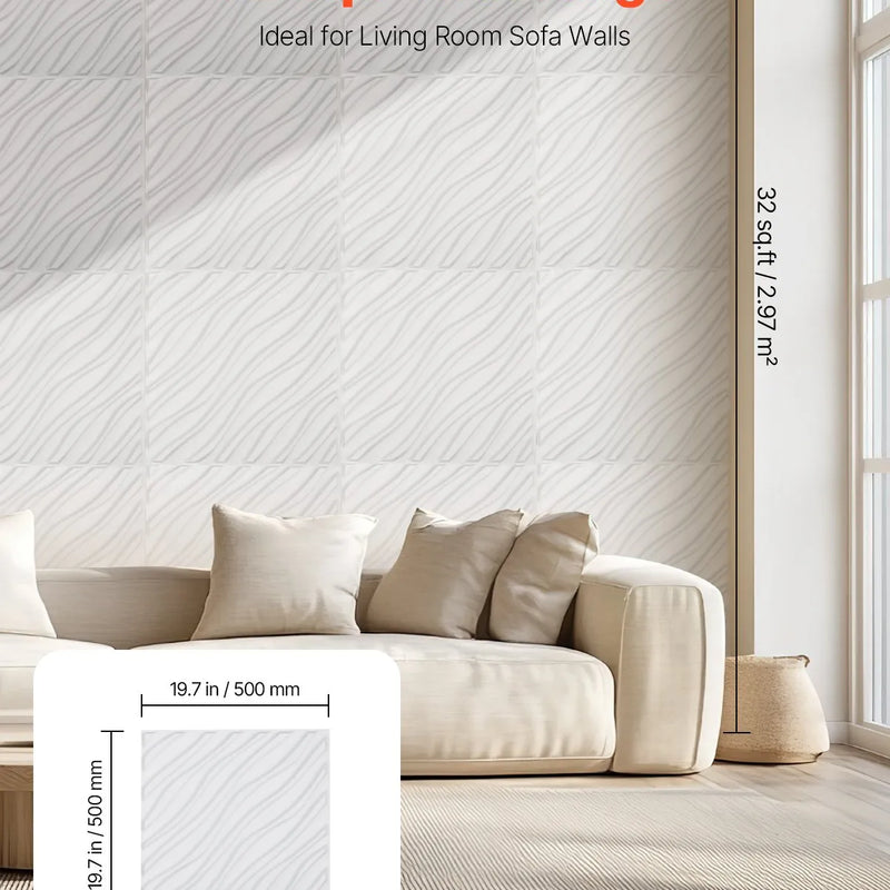 VEVOR 3D sienas paneļi, 12 gab., PVC minimālisma viļņu dizaina flīzes, 500 × 500 mm, kopējais pārklājums 3,0 m², akcenta sienas dekors interjeram griestiem, guļamistabai, viesistabai un spēļu telpai, matēti baltā krāsā