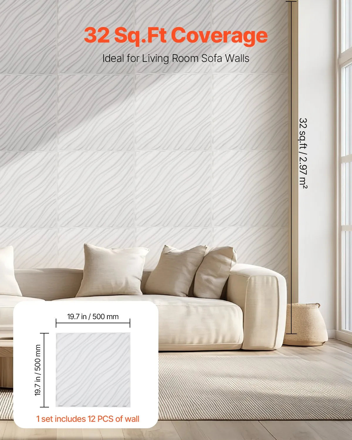 VEVOR 3D Wall Panels, 12 Pieces, PVC Minimalist Wave Design Tiles, 500 × 500 mm, Total Coverage 3.0 m², Accent Wall Décor for Interior Ceilings, Bedroom, Living Room and Game Room, Matte White