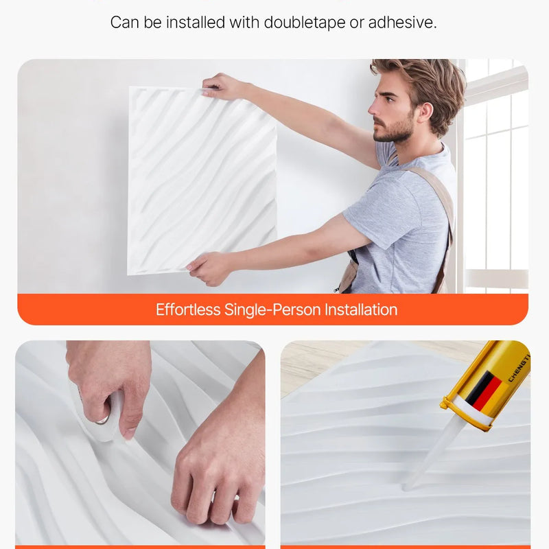 VEVOR 3D sienas paneļi, 12 gab., PVC minimālisma viļņu dizaina flīzes, 500 × 500 mm, kopējais pārklājums 3,0 m², akcenta sienas dekors interjeram griestiem, guļamistabai, viesistabai un spēļu telpai, matēti baltā krāsā