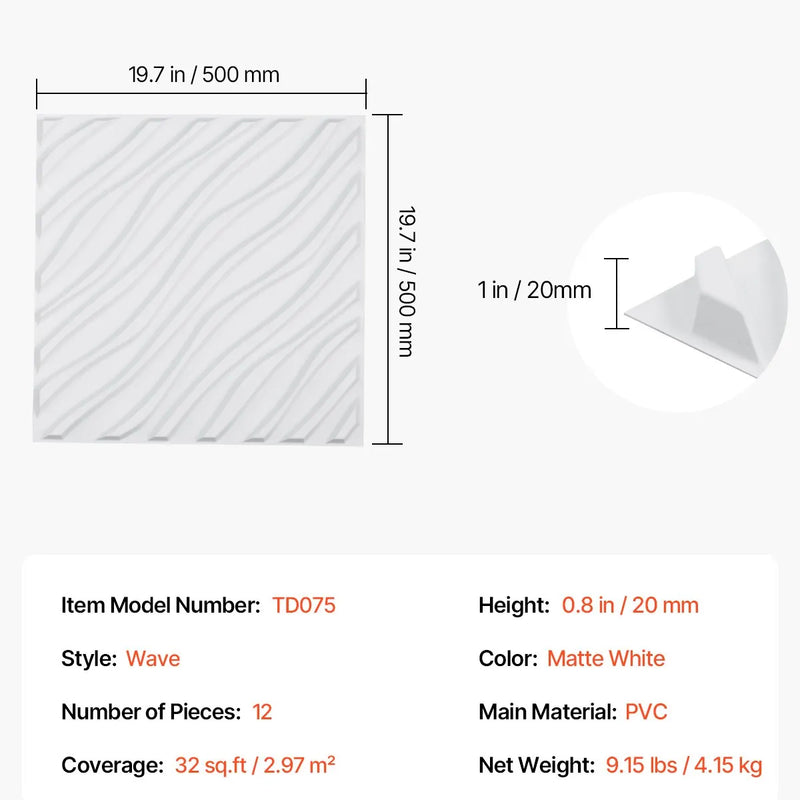 VEVOR 3D sienas paneļi, 12 gab., PVC minimālisma viļņu dizaina flīzes, 500 × 500 mm, kopējais pārklājums 3,0 m², akcenta sienas dekors interjeram griestiem, guļamistabai, viesistabai un spēļu telpai, matēti baltā krāsā