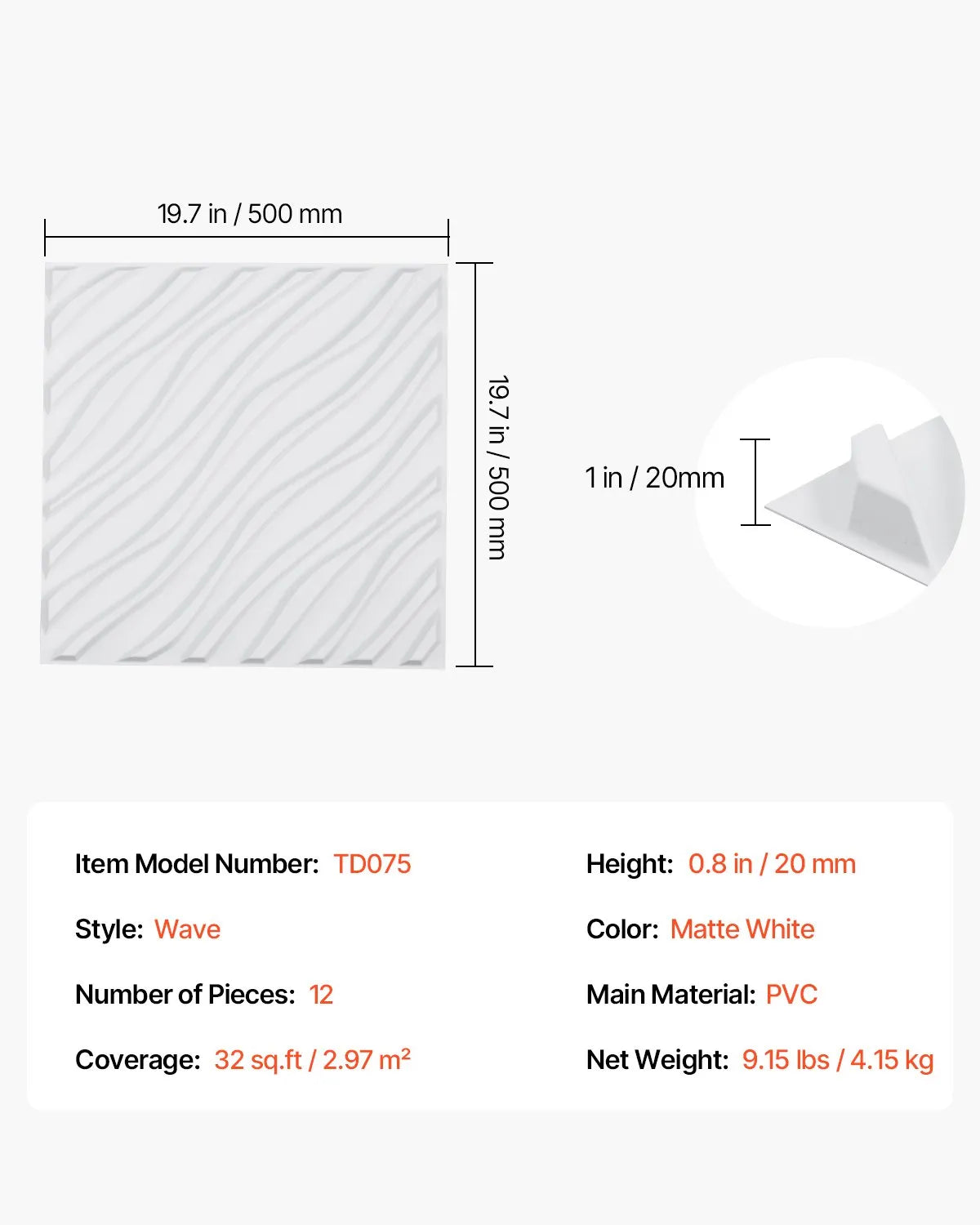 VEVOR 3D Wall Panels, 12 Pieces, PVC Minimalist Wave Design Tiles, 500 × 500 mm, Total Coverage 3.0 m², Accent Wall Décor for Interior Ceilings, Bedroom, Living Room and Game Room, Matte White