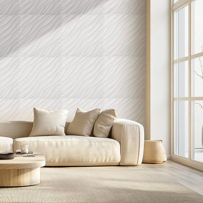 VEVOR 3D sienas paneļi, 12 gab., PVC minimālisma viļņu dizaina flīzes, 500 × 500 mm, kopējais pārklājums 3,0 m², akcenta sienas dekors interjeram griestiem, guļamistabai, viesistabai un spēļu telpai, matēti baltā krāsā