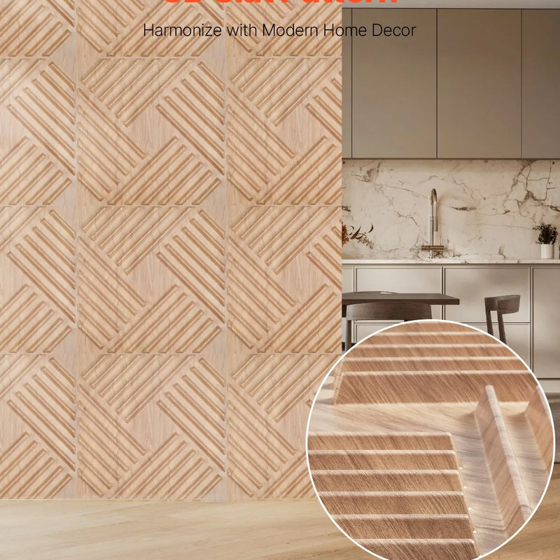 VEVOR 3D sienas paneļi, 12 gab., PVC minimālisma dizaina flīzes, 500 × 500 mm, kopējais pārklājums 3,0 m², akcenta sienas dekors interjeram griestiem, guļamistabai, viesistabai un spēļu telpai, gaiša koka tonī