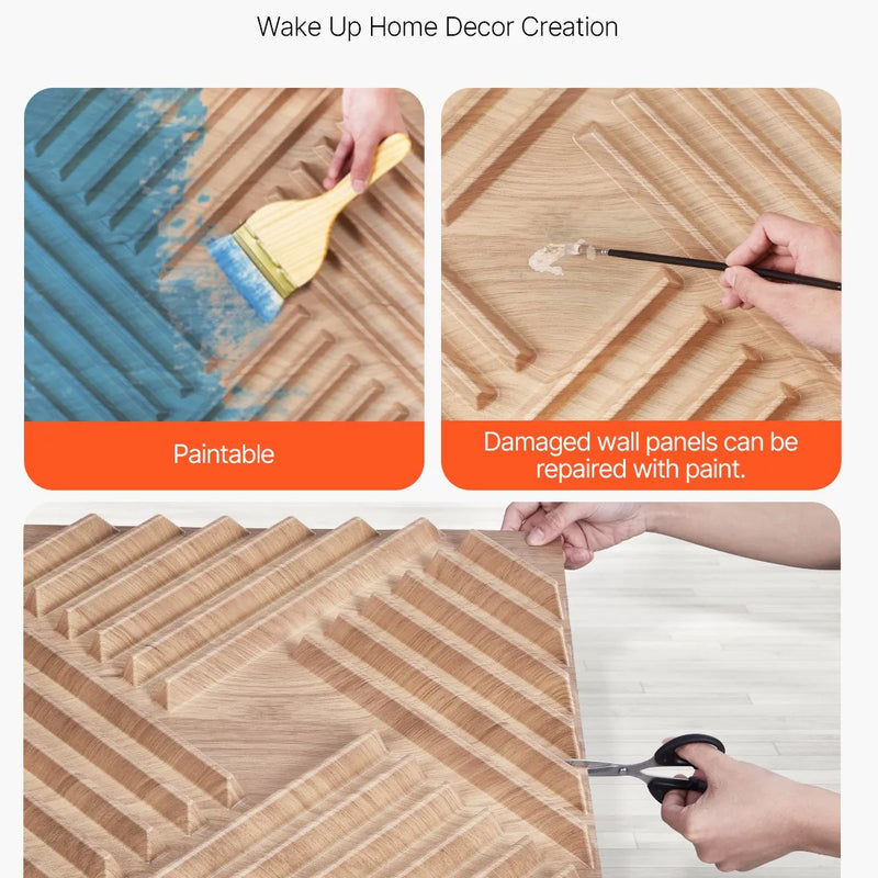 VEVOR 3D sienas paneļi, 12 gab., PVC minimālisma dizaina flīzes, 500 × 500 mm, kopējais pārklājums 3,0 m², akcenta sienas dekors interjeram griestiem, guļamistabai, viesistabai un spēļu telpai, gaiša koka tonī