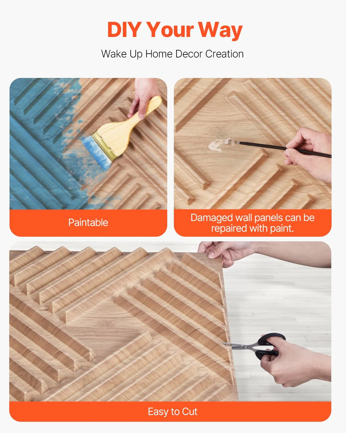VEVOR 3D Wall Panels, 12 Pieces, PVC Minimalist Design Tiles, 500 × 500 mm, Total Coverage 3.0 m², Accent Wall Décor for Interior Ceilings, Bedroom, Living Room and Game Room, Light Wood Tone