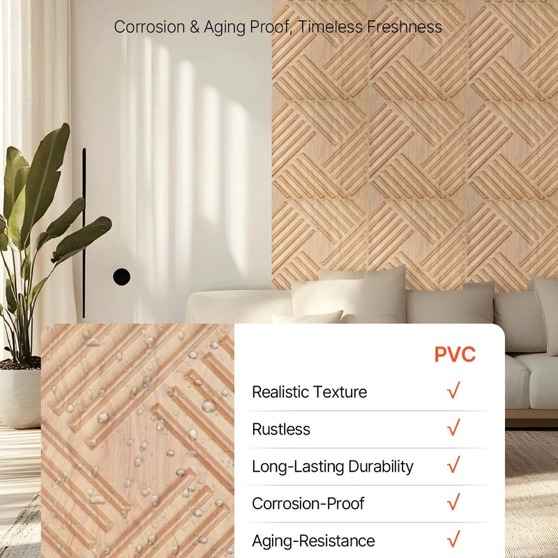 VEVOR 3D sienas paneļi, 12 gab., PVC minimālisma dizaina flīzes, 500 × 500 mm, kopējais pārklājums 3,0 m², akcenta sienas dekors interjeram griestiem, guļamistabai, viesistabai un spēļu telpai, gaiša koka tonī