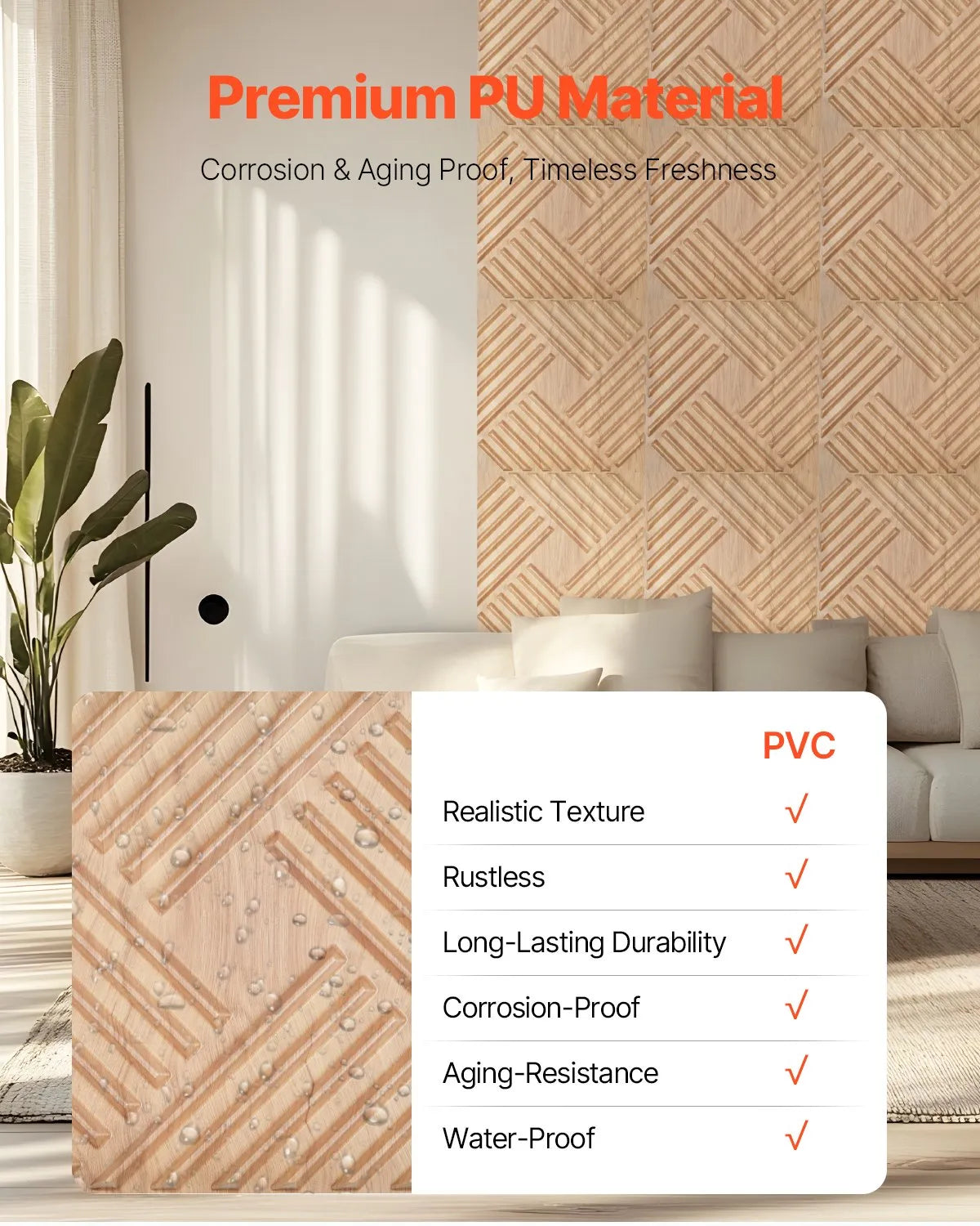 VEVOR 3D Wall Panels, 12 Pieces, PVC Minimalist Design Tiles, 500 × 500 mm, Total Coverage 3.0 m², Accent Wall Décor for Interior Ceilings, Bedroom, Living Room and Game Room, Light Wood Tone