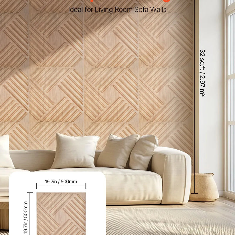 VEVOR 3D sienas paneļi, 12 gab., PVC minimālisma dizaina flīzes, 500 × 500 mm, kopējais pārklājums 3,0 m², akcenta sienas dekors interjeram griestiem, guļamistabai, viesistabai un spēļu telpai, gaiša koka tonī