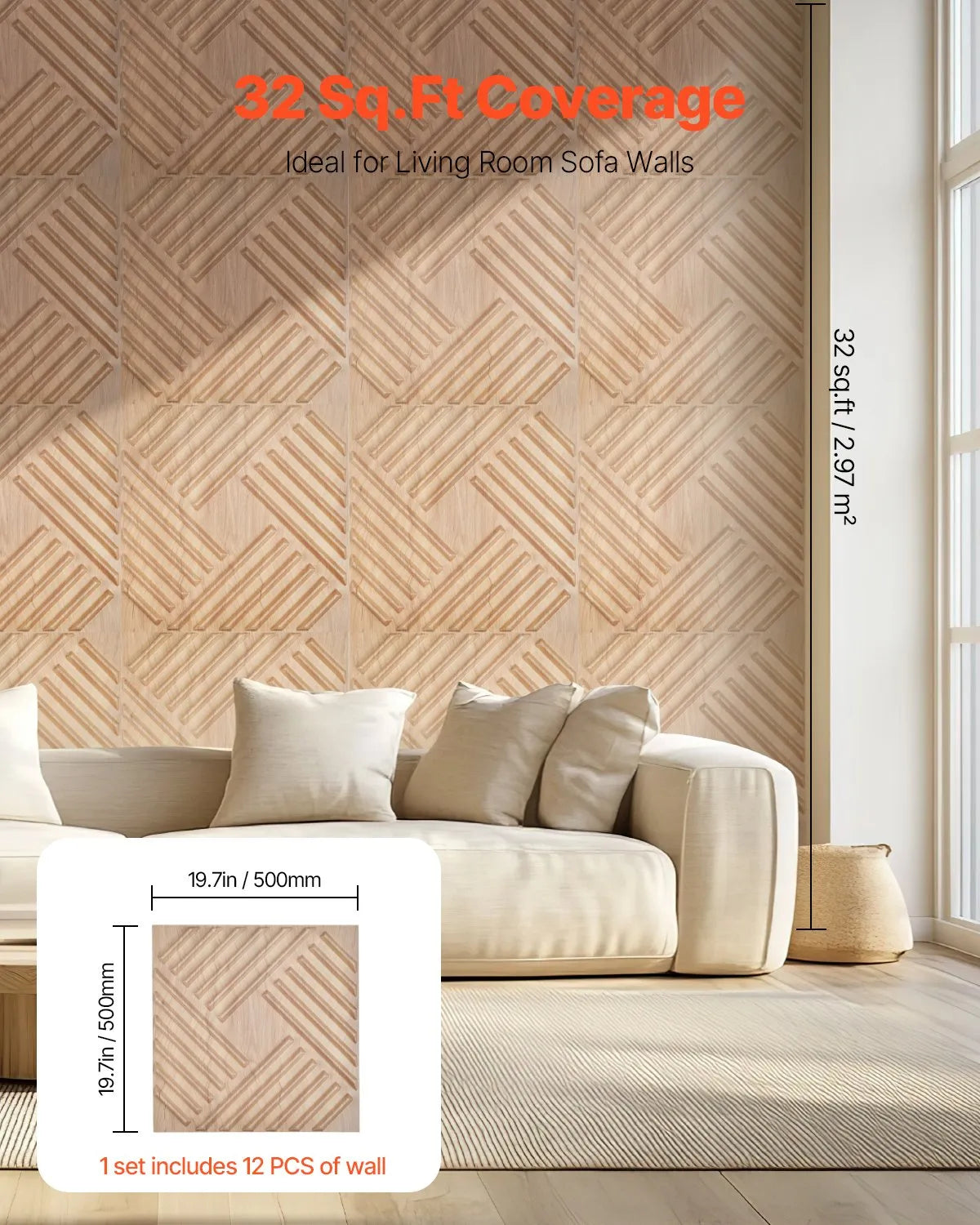 VEVOR 3D Wall Panels, 12 Pieces, PVC Minimalist Design Tiles, 500 × 500 mm, Total Coverage 3.0 m², Accent Wall Décor for Interior Ceilings, Bedroom, Living Room and Game Room, Light Wood Tone